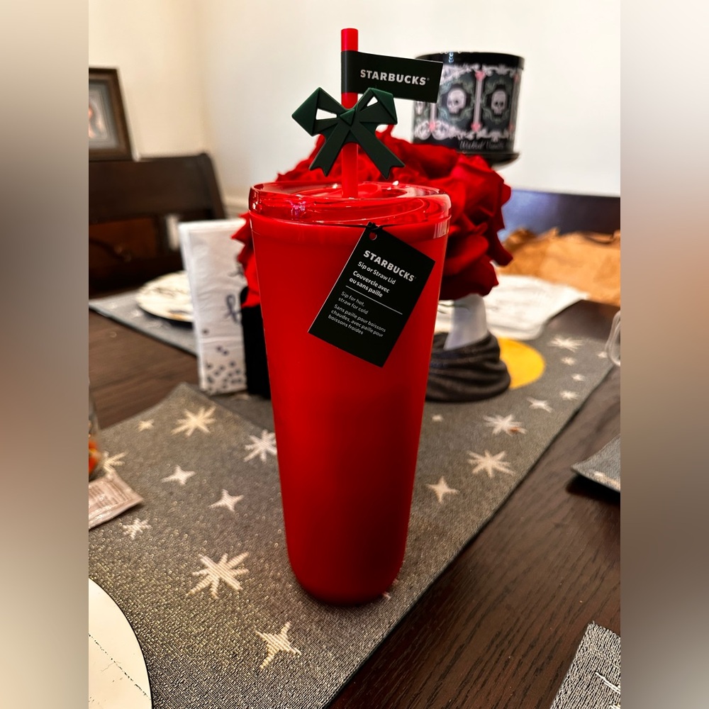 Starbucks Red Tumbler with Holiday Straw Topper 2025